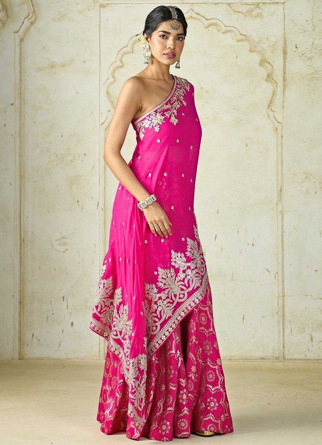 Gopi Vaid Hot Pink Georgette One Shoulder Kurta Sharara SetFabilicious Fashion