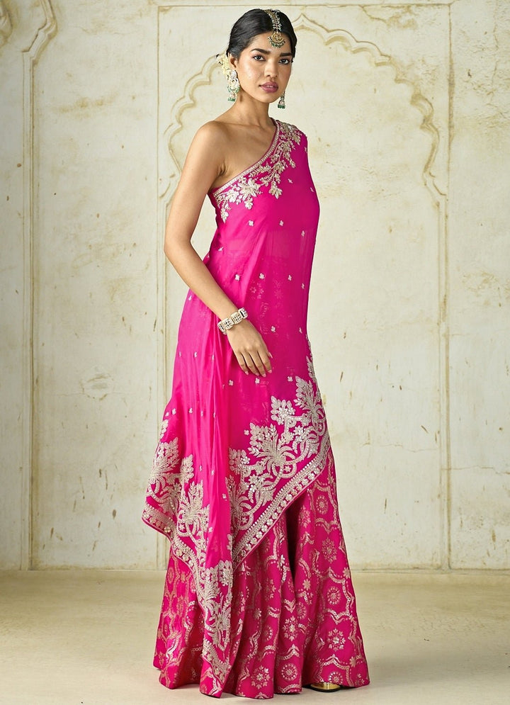 Gopi Vaid Hot Pink Georgette One Shoulder Kurta Sharara SetFabilicious Fashion