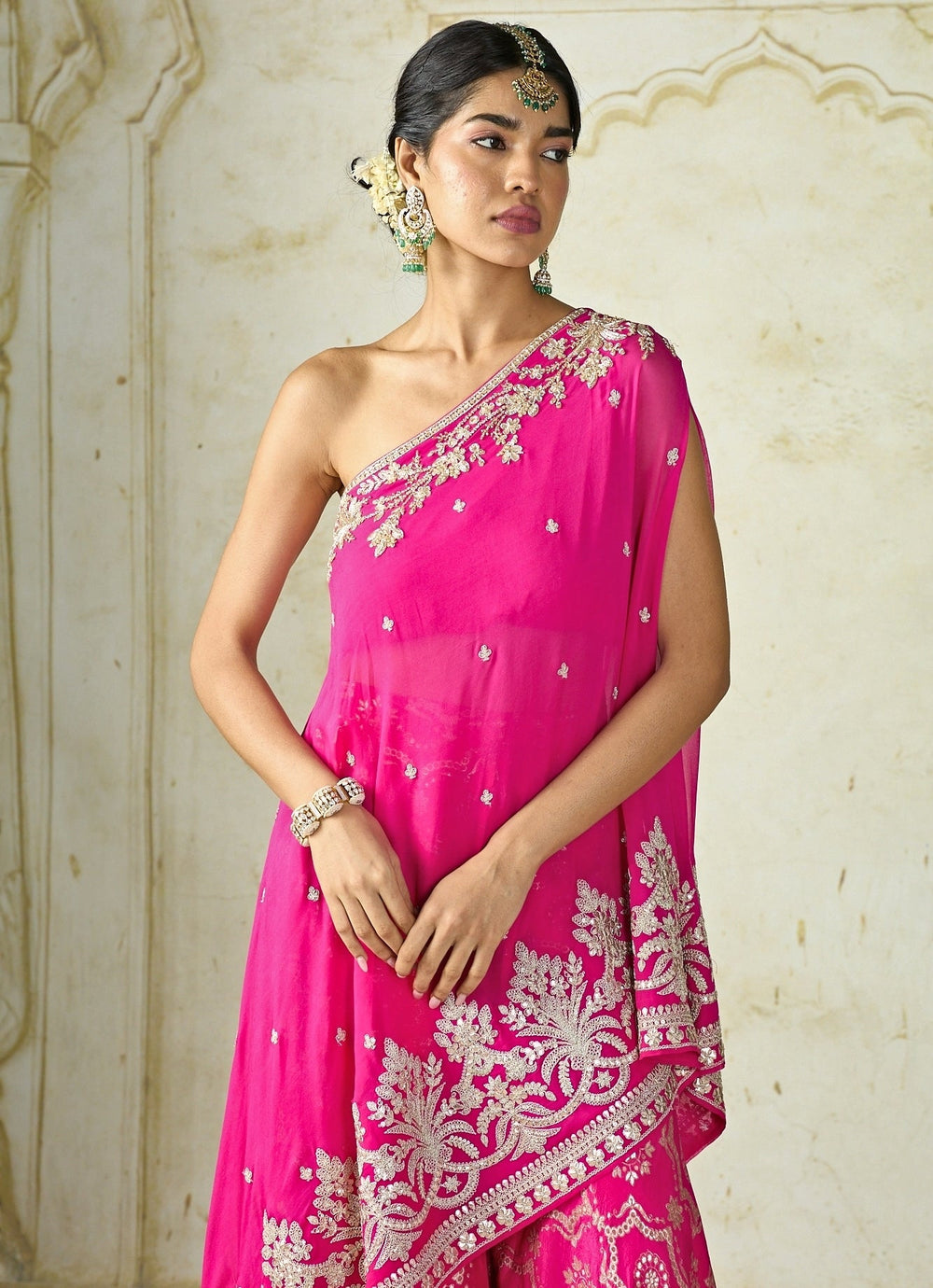 Gopi Vaid Hot Pink Georgette One Shoulder Kurta Sharara SetFabilicious Fashion