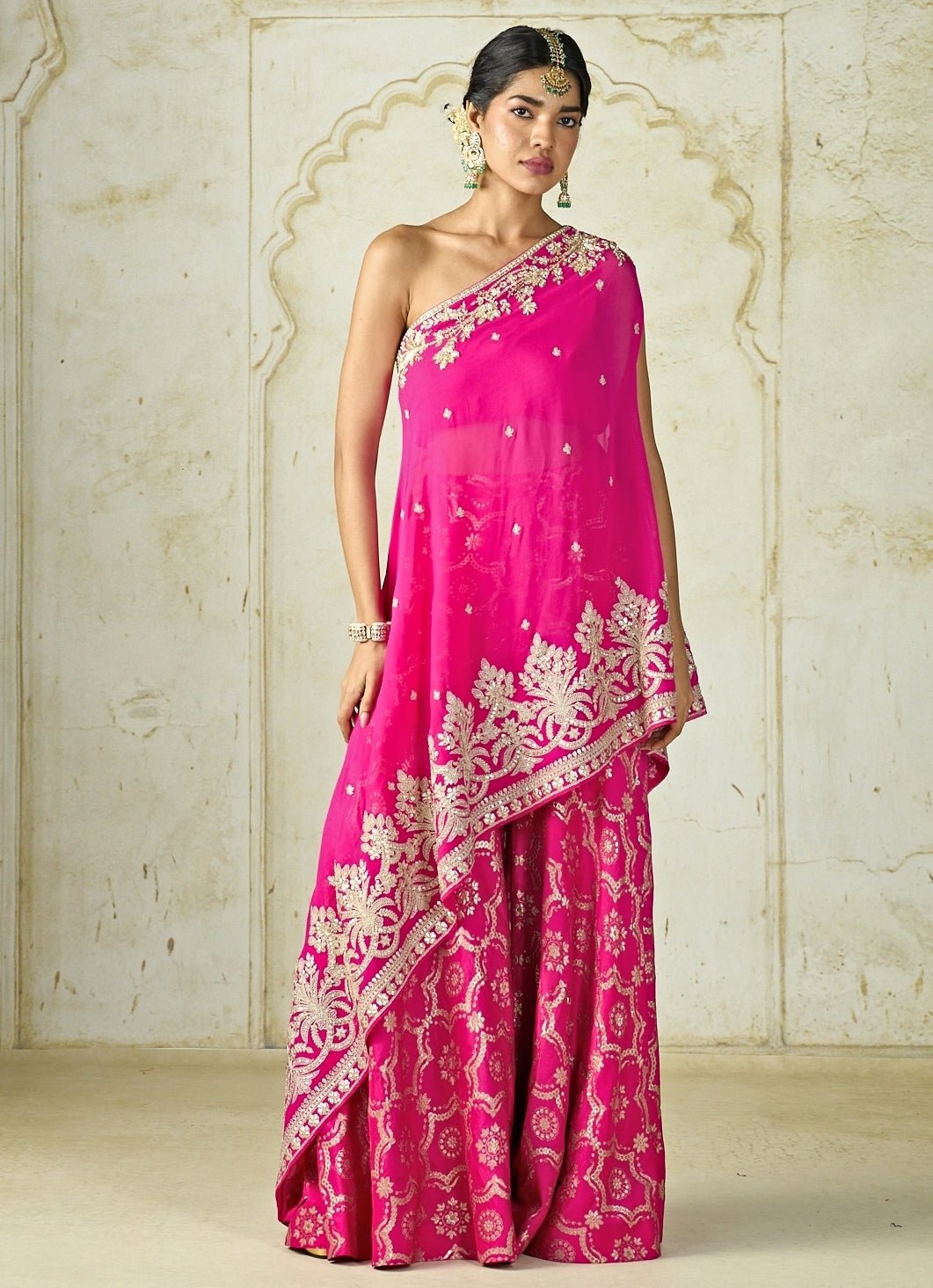 Gopi Vaid Hot Pink Georgette One Shoulder Kurta Sharara SetFabilicious Fashion