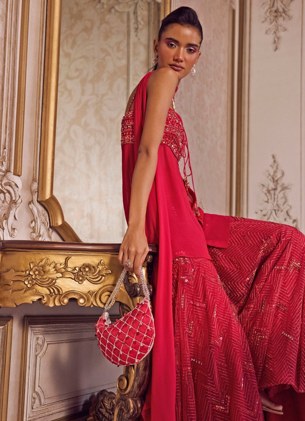 Hot Pink Georgette Peplum Kurta Sharara Set Sanya Gulati - Fabilicious Fashion