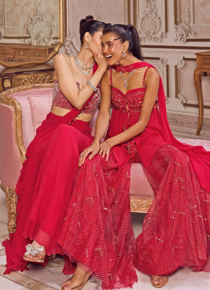 Hot Pink Georgette Peplum Kurta Sharara Set Sanya Gulati - Fabilicious Fashion