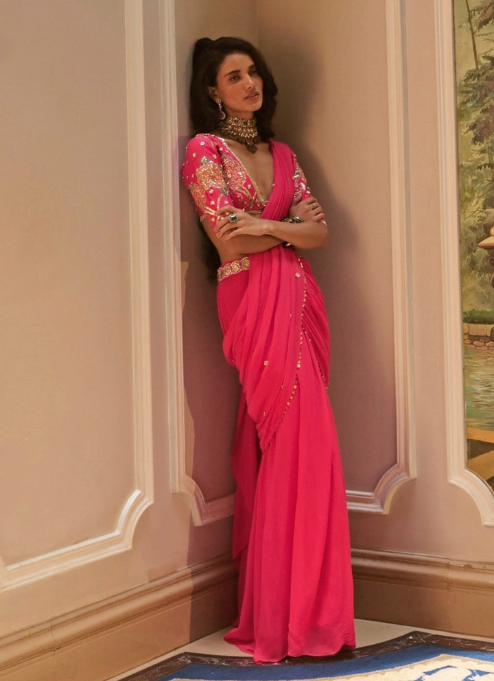 Hot Pink Georgette Pre - Draped Saree Paulmi and Harsh - Fabilicious Fashion