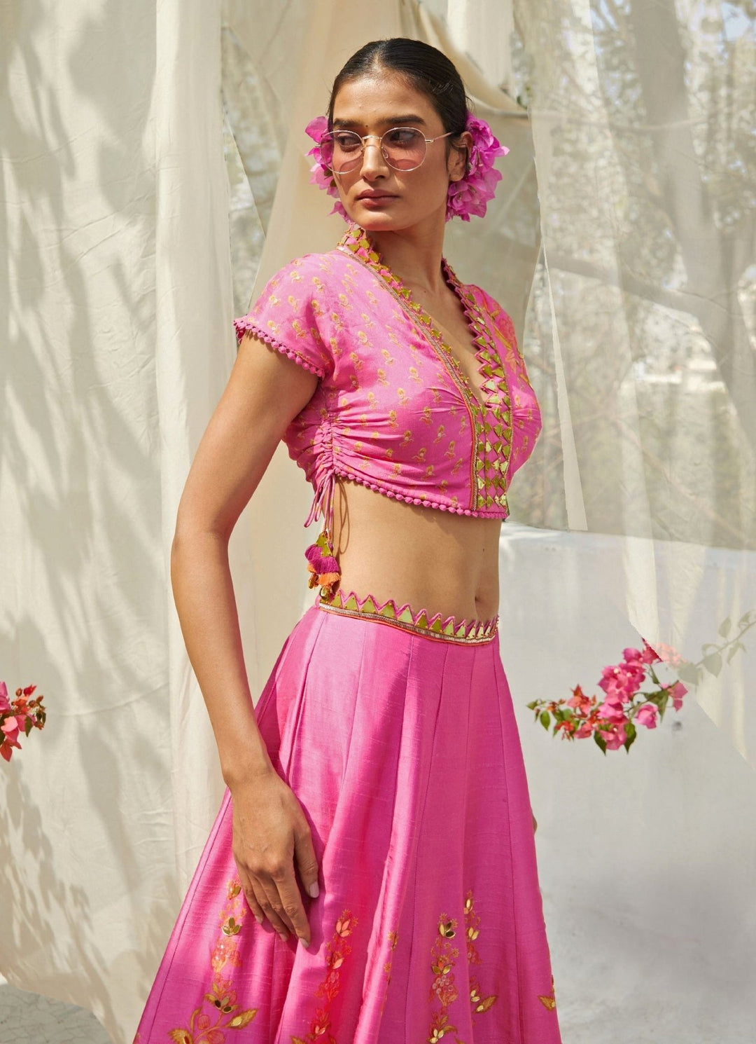 Hot Pink Gold Sparkle Lehenga Set Basil Leaf - Fabilicious Fashion