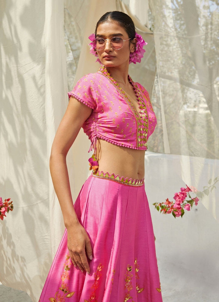 Hot Pink Gold Sparkle Lehenga Set Basil Leaf - Fabilicious Fashion