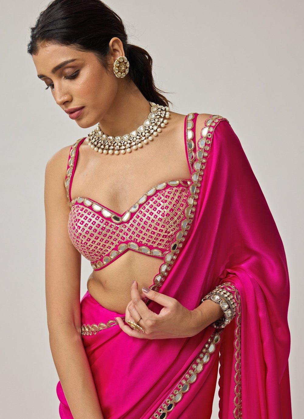 Hot Pink Gota Mirror Embroidered Satin Saree Set Vvani by Vani Vats - Fabilicious Fashion