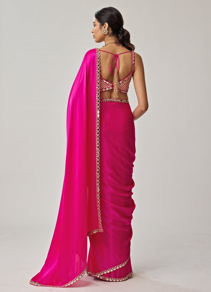 Hot Pink Gota Mirror Embroidered Satin Saree Set Vvani by Vani Vats - Fabilicious Fashion