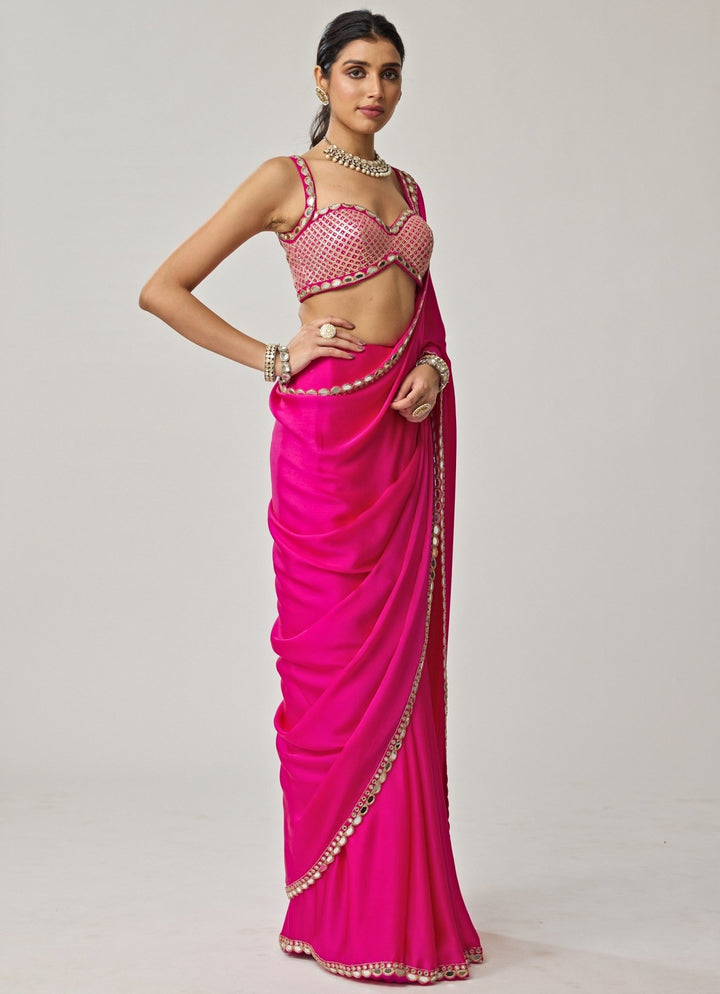 Hot Pink Gota Mirror Embroidered Satin Saree Set Vvani by Vani Vats - Fabilicious Fashion