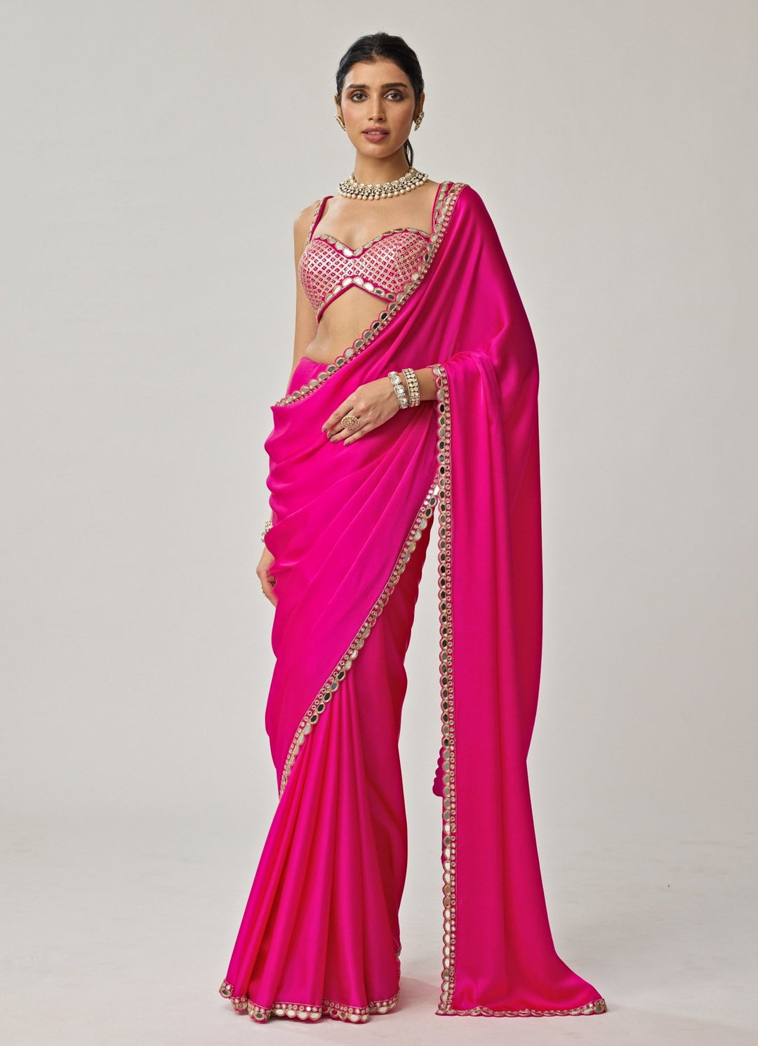 Hot Pink Gota Mirror Embroidered Satin Saree Set Vvani by Vani Vats - Fabilicious Fashion