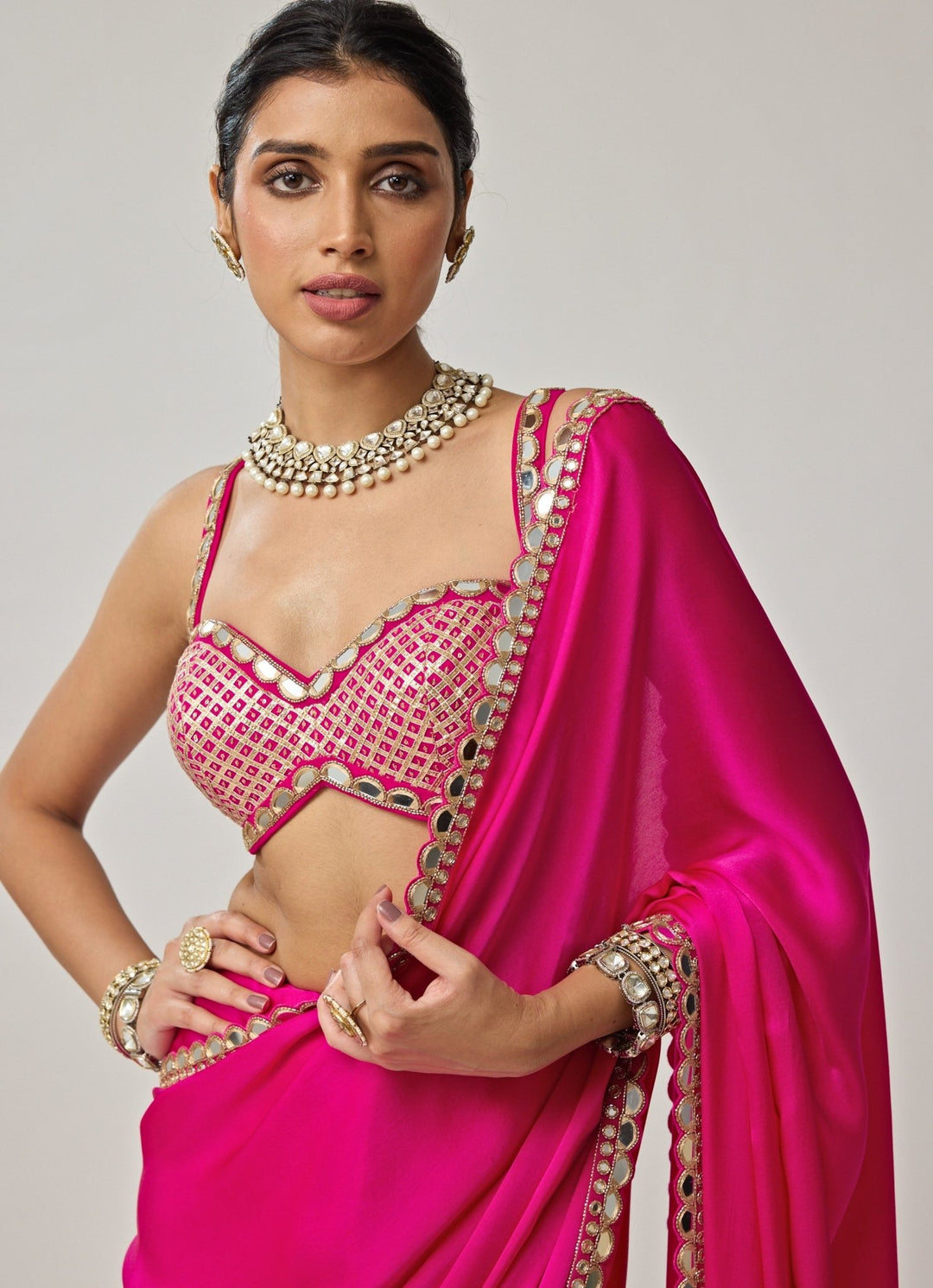 Hot Pink Gota Mirror Embroidered Satin Saree Set Vvani by Vani Vats - Fabilicious Fashion