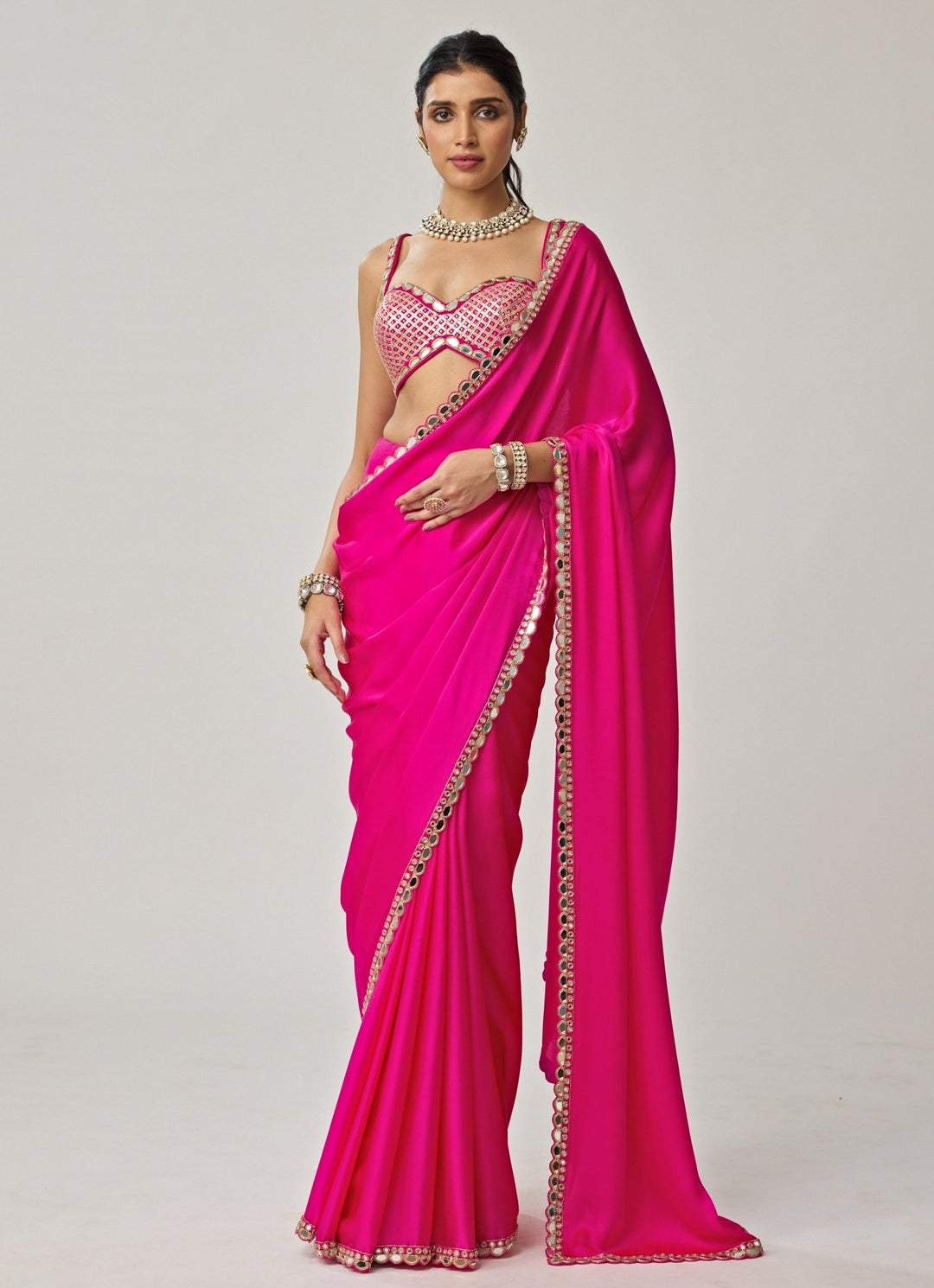 Hot Pink Gota Mirror Embroidered Satin Saree Set Vvani by Vani Vats - Fabilicious Fashion
