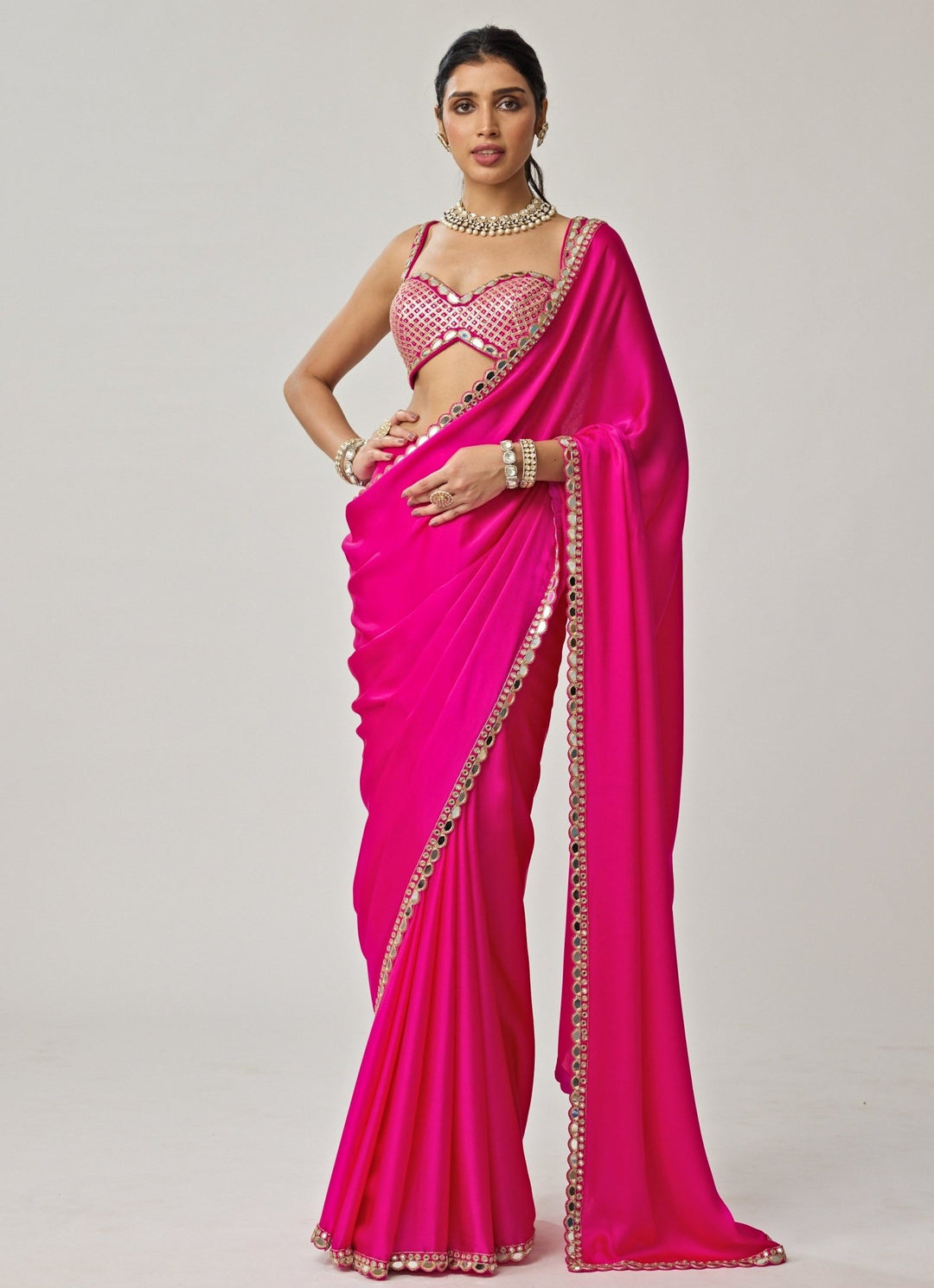 Hot Pink Gota Mirror Embroidered Satin Saree Set Vvani by Vani Vats - Fabilicious Fashion