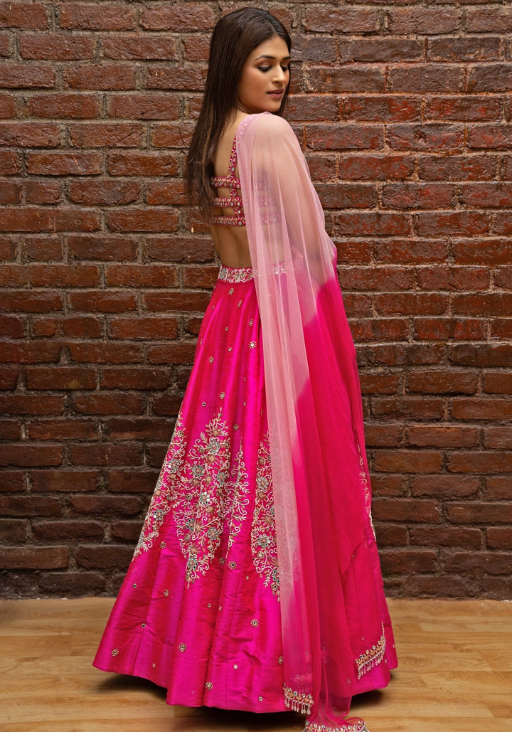 Hot Pink Hand Embroidered Lehenga Set Priti Sahni - Fabilicious Fashion