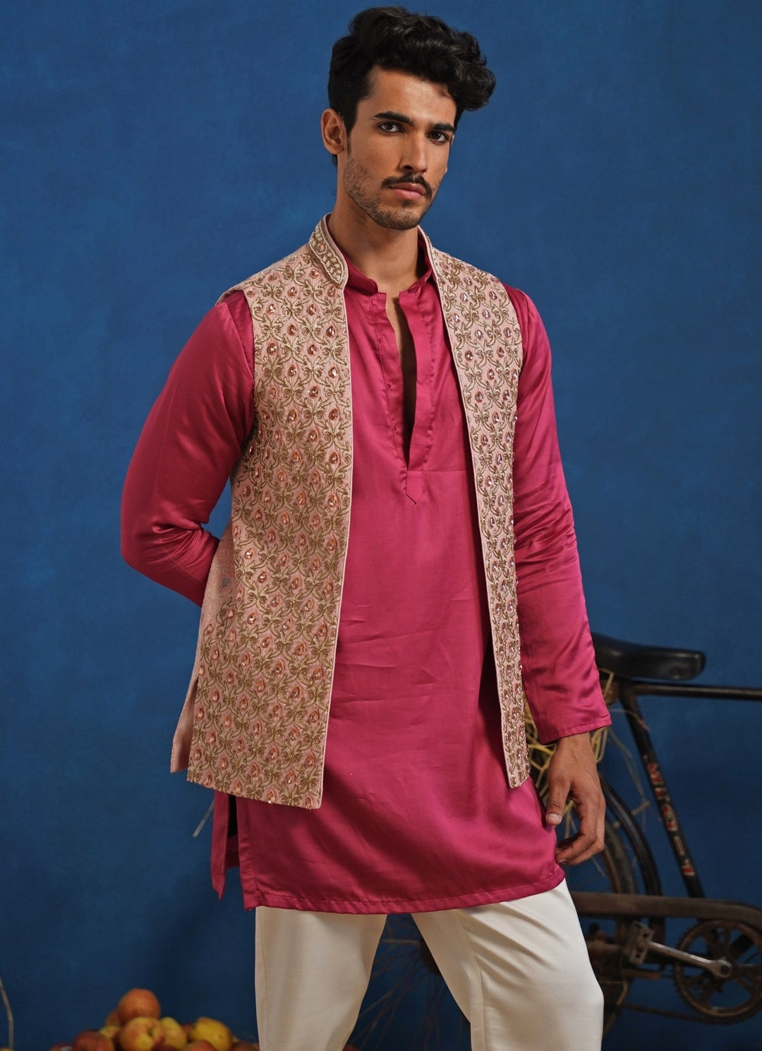 Hot Pink Linen Satin Kurta Set with Pastel Jacket Kalpraag - Fabilicious Fashion