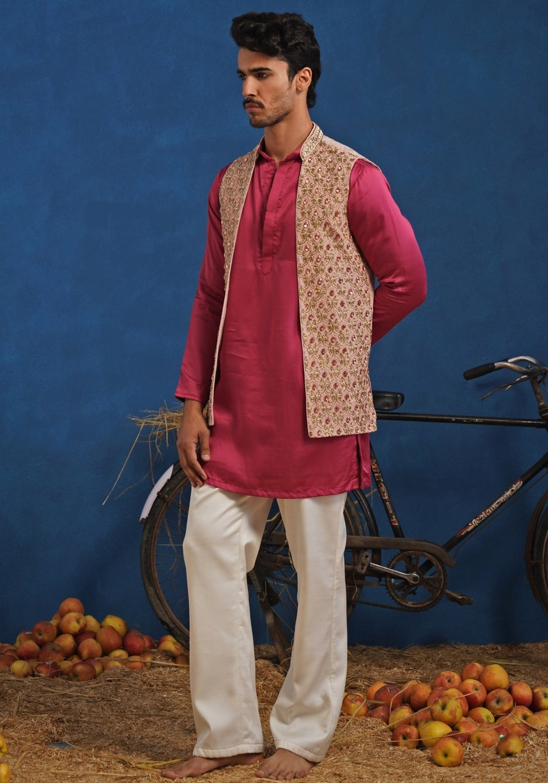 Hot Pink Linen Satin Kurta Set with Pastel Jacket Kalpraag - Fabilicious Fashion