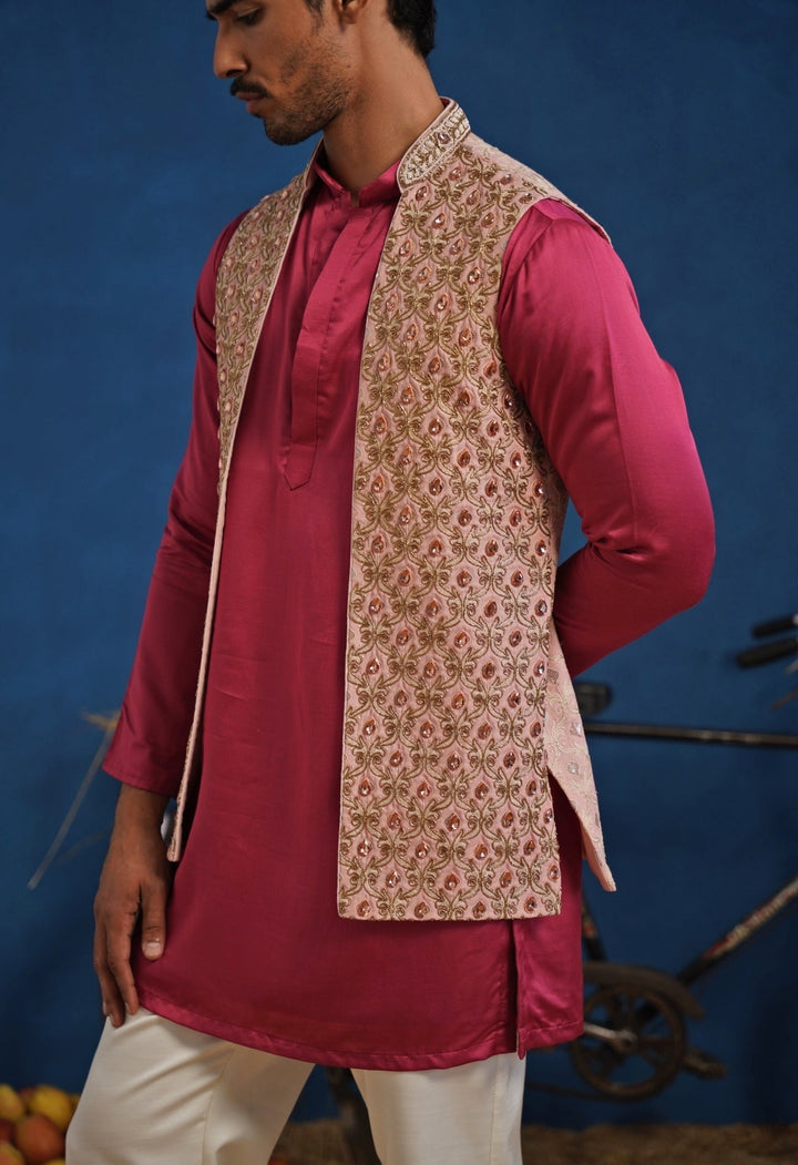 Hot Pink Linen Satin Kurta Set with Pastel Jacket Kalpraag - Fabilicious Fashion