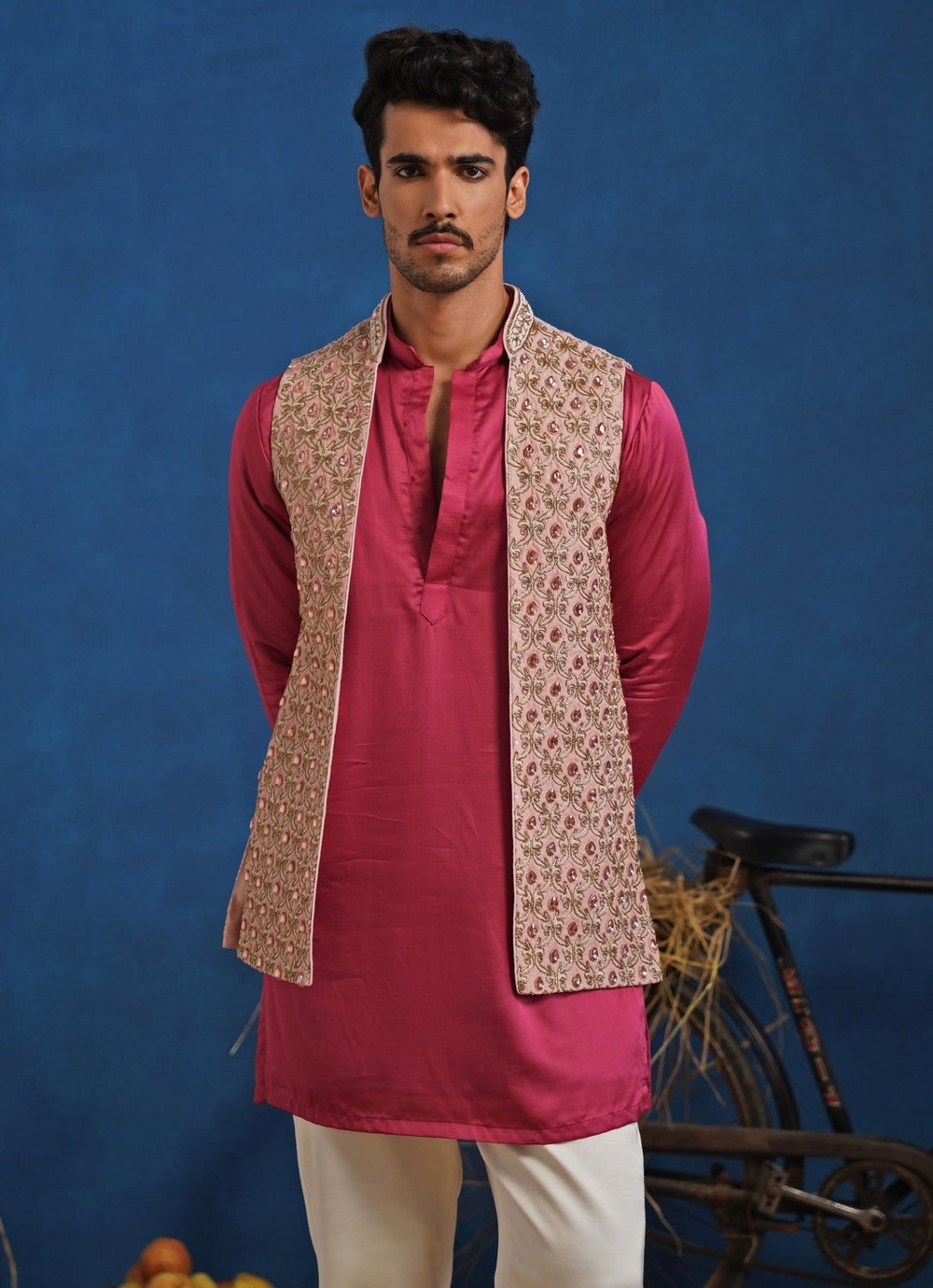 Hot Pink Linen Satin Kurta Set with Pastel Jacket Kalpraag - Fabilicious Fashion