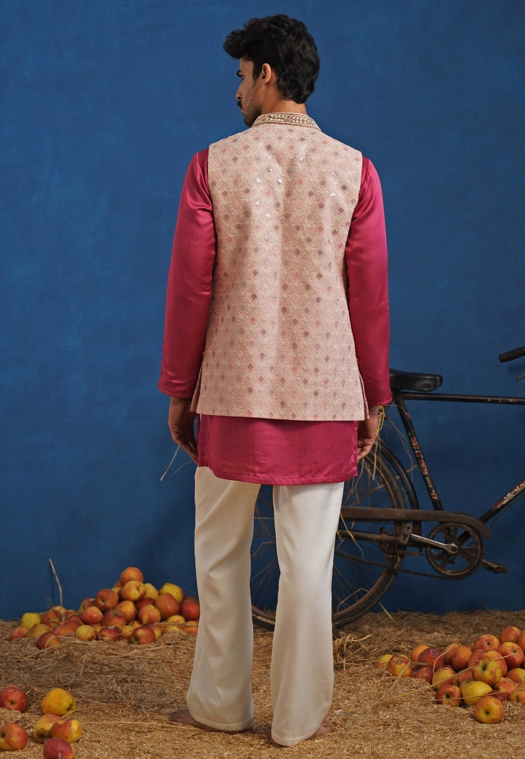 Hot Pink Linen Satin Kurta Set with Pastel Jacket Kalpraag - Fabilicious Fashion