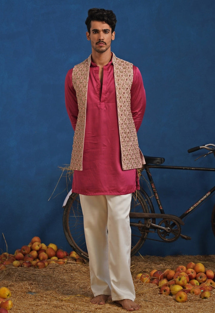 Hot Pink Linen Satin Kurta Set with Pastel Jacket Kalpraag - Fabilicious Fashion