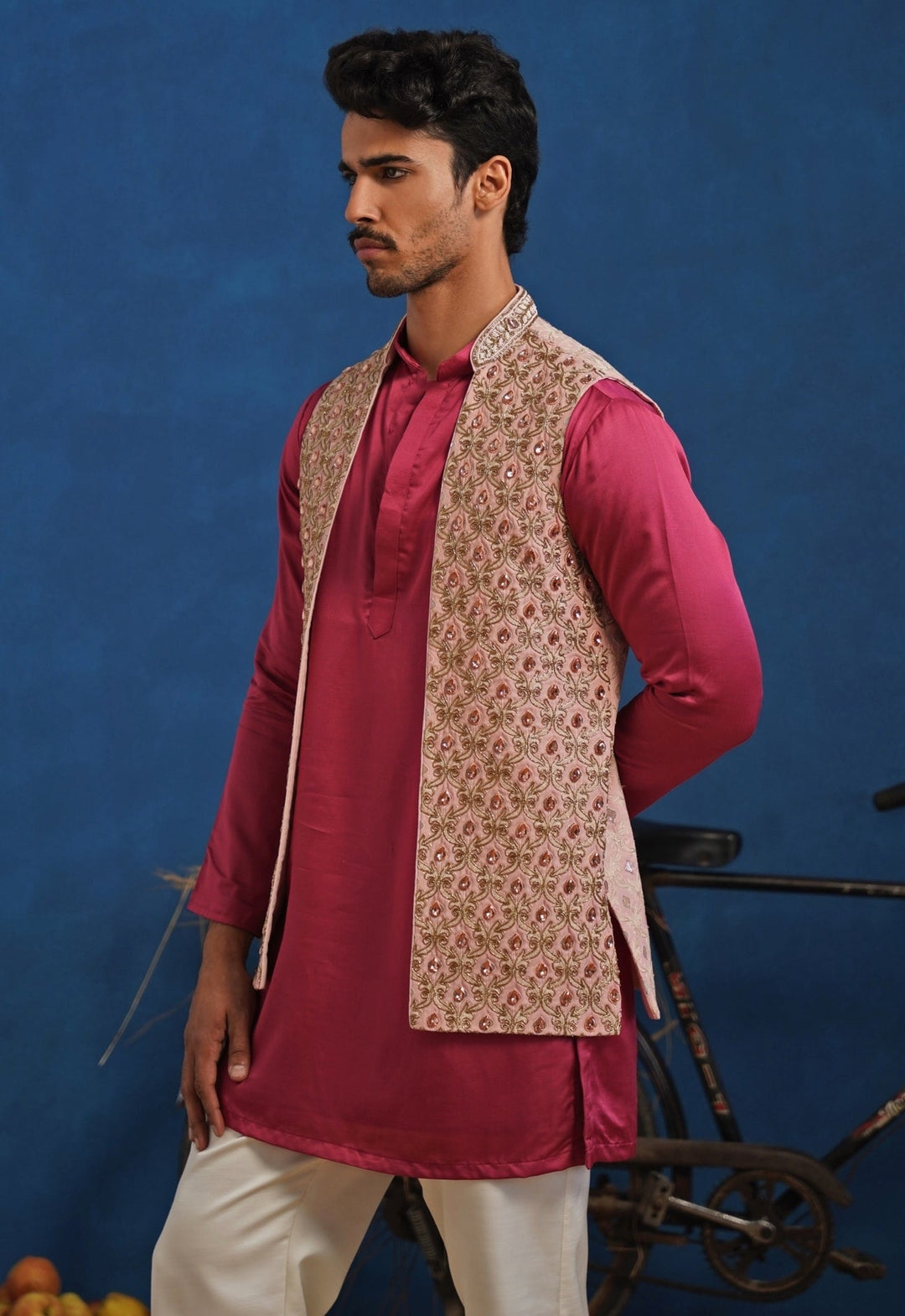 Hot Pink Linen Satin Kurta Set with Pastel Jacket Kalpraag - Fabilicious Fashion