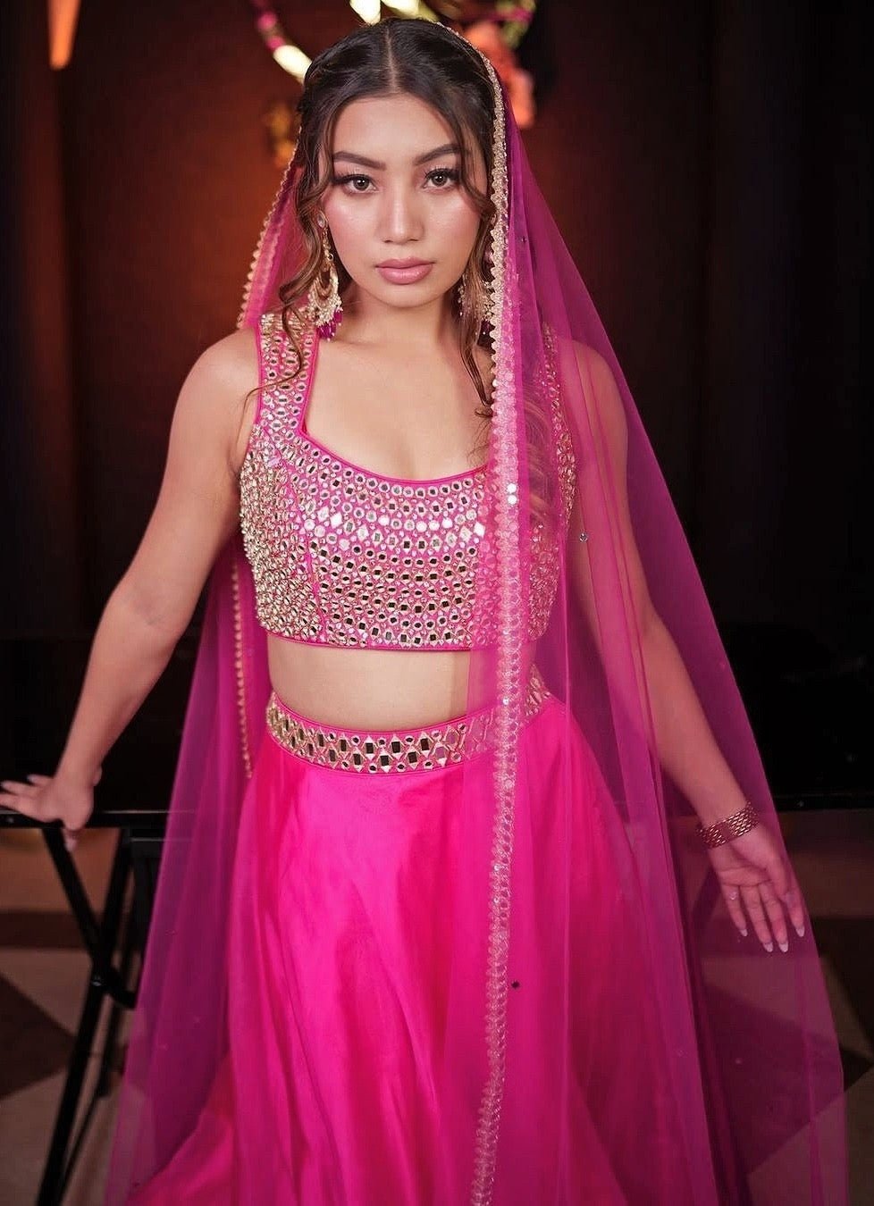 Hot Pink Mirror And Abla Lehenga Set Anisha Shetty - Fabilicious Fashion