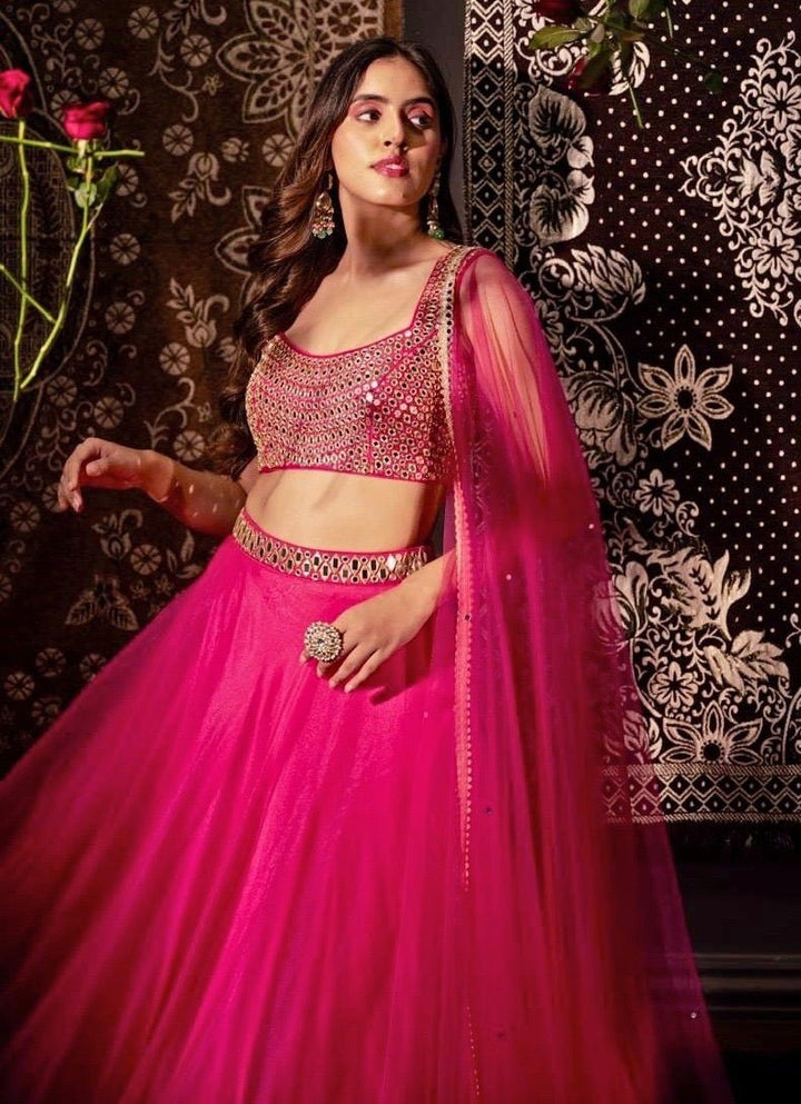 Hot Pink Mirror And Abla Lehenga Set Anisha Shetty - Fabilicious Fashion