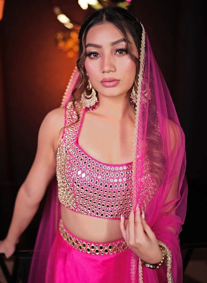 Hot Pink Mirror And Abla Lehenga Set Anisha Shetty - Fabilicious Fashion