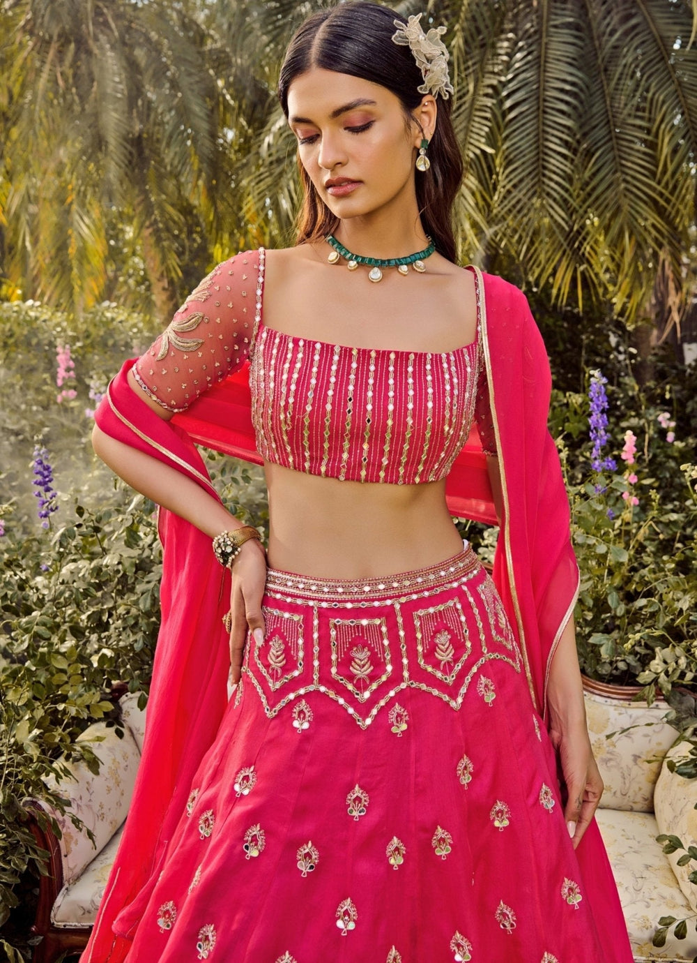 Hot Pink Mirror Embroidered Lehenga Set Parul Gandhi - Fabilicious Fashion