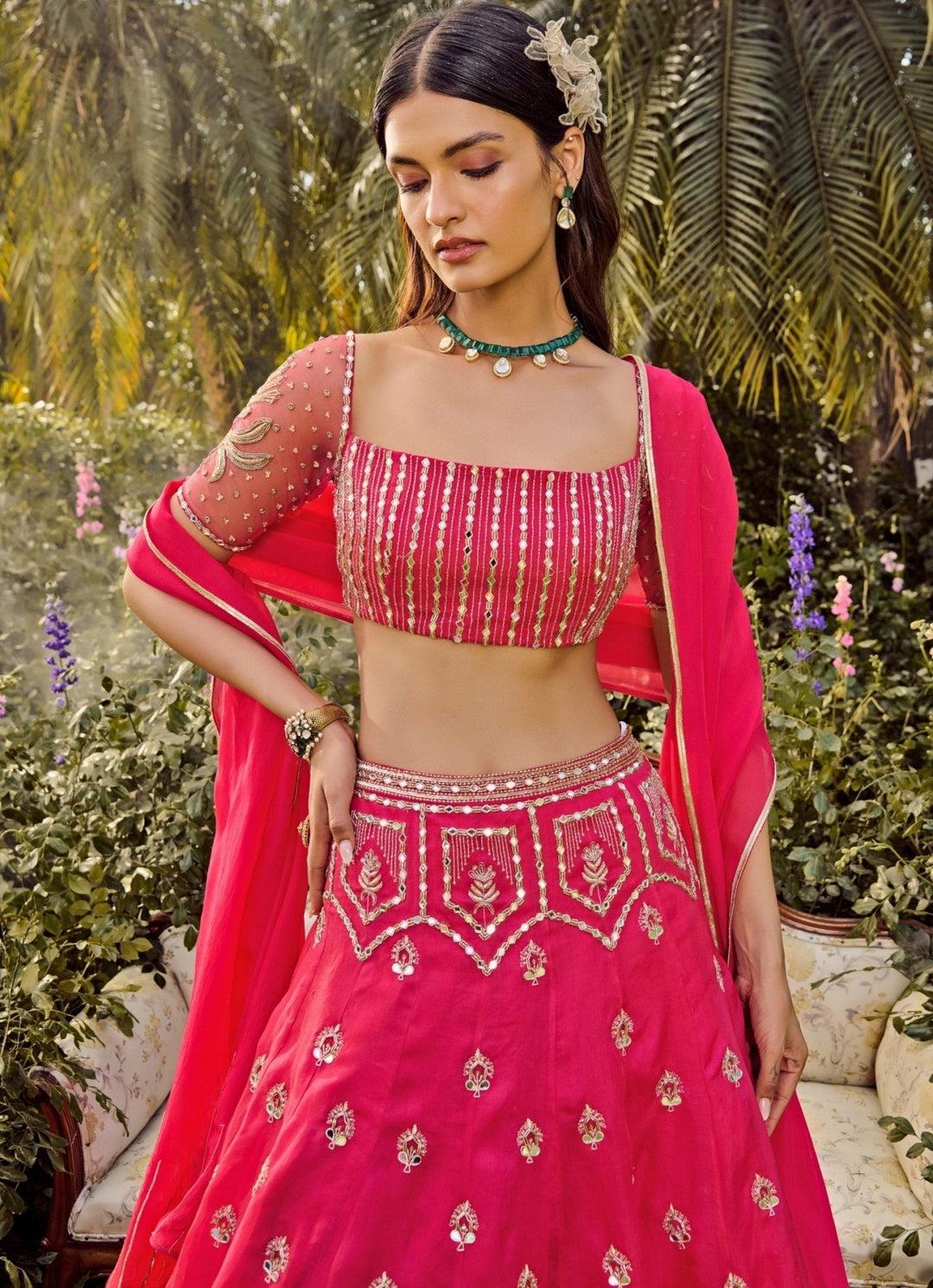 Hot Pink Mirror Embroidered Lehenga Set Parul Gandhi - Fabilicious Fashion