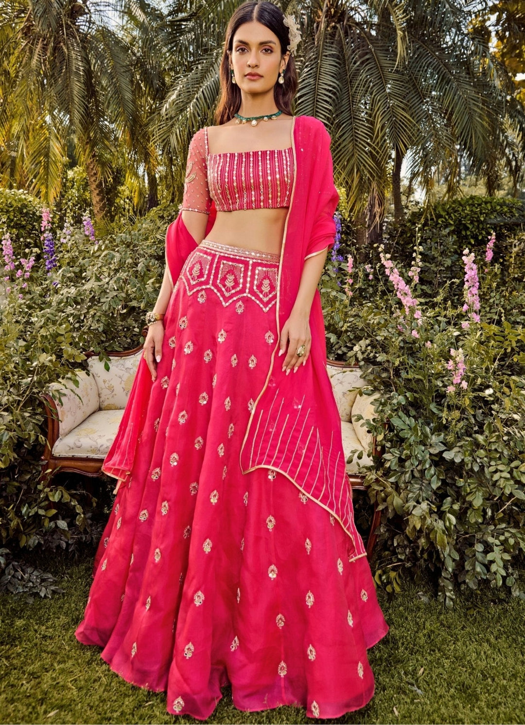 Hot Pink Mirror Embroidered Lehenga Set Parul Gandhi - Fabilicious Fashion