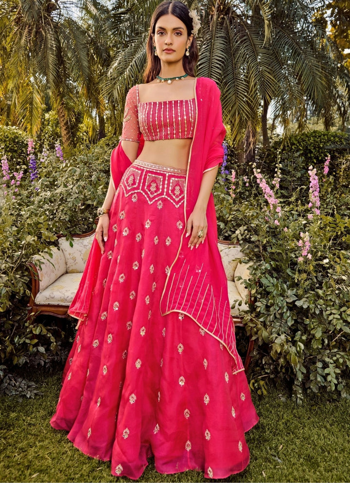Hot Pink Mirror Embroidered Lehenga Set Parul Gandhi - Fabilicious Fashion