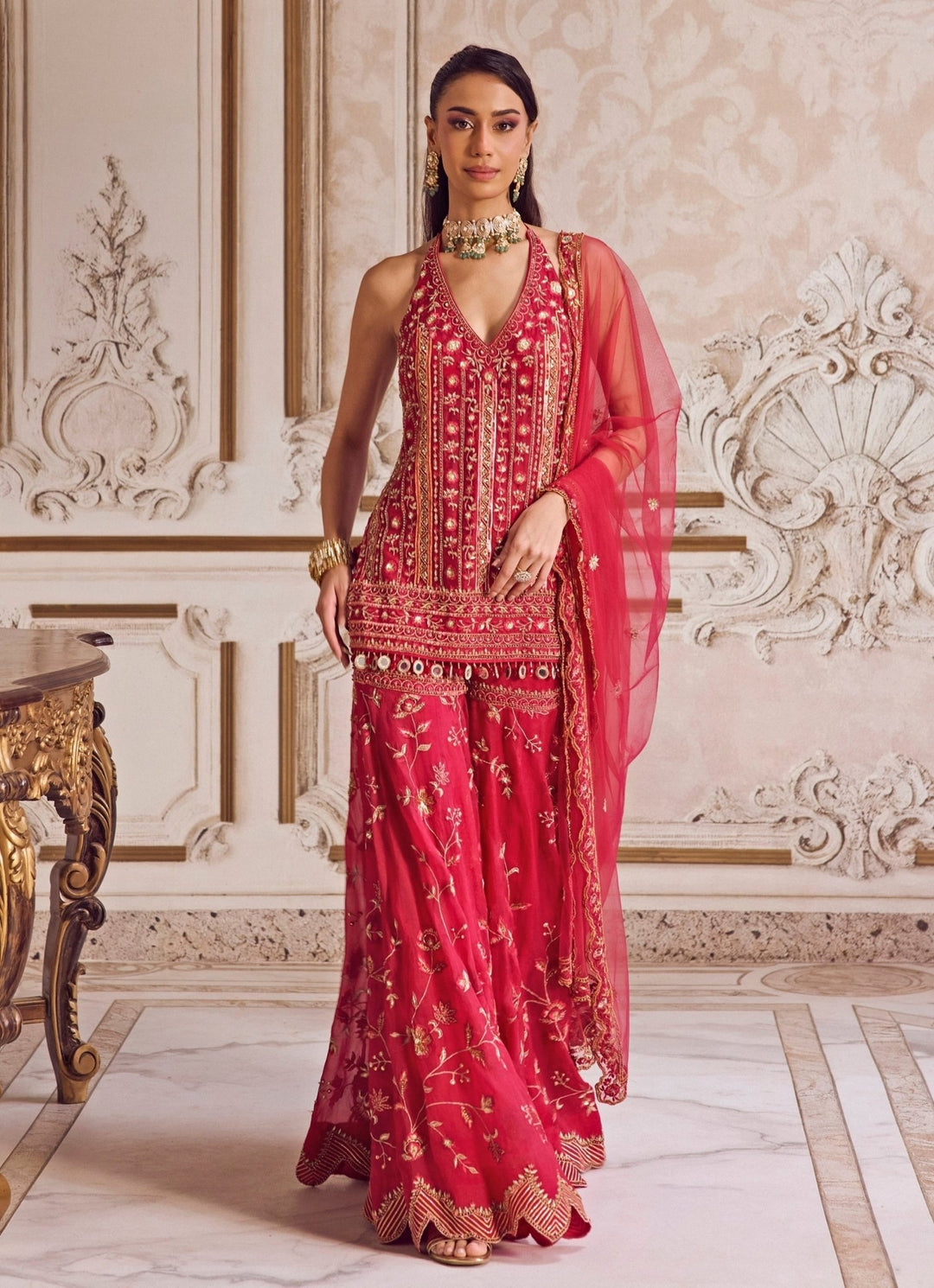 Hot Pink Organza Halter Neck Kurta Sharara Set Sanya Gulati - Fabilicious Fashion