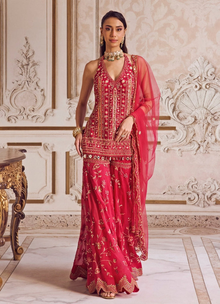 Hot Pink Organza Halter Neck Kurta Sharara Set Sanya Gulati - Fabilicious Fashion