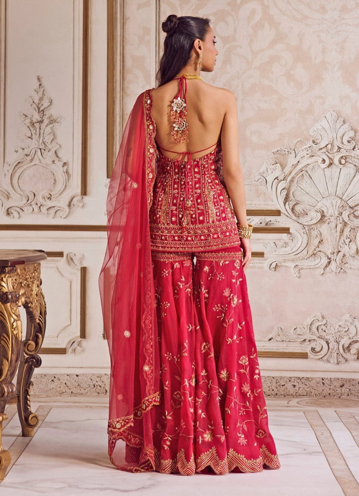 Hot Pink Organza Halter Neck Kurta Sharara Set Sanya Gulati - Fabilicious Fashion