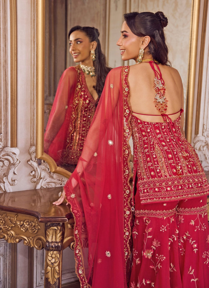 Hot Pink Organza Halter Neck Kurta Sharara Set Sanya Gulati - Fabilicious Fashion