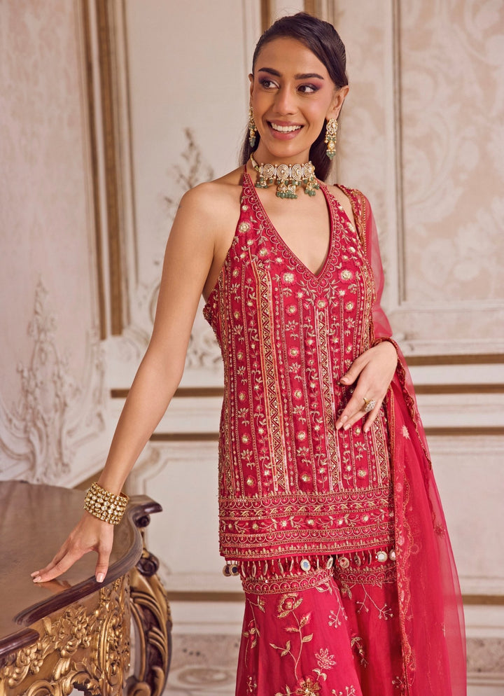 Hot Pink Organza Halter Neck Kurta Sharara Set Sanya Gulati - Fabilicious Fashion