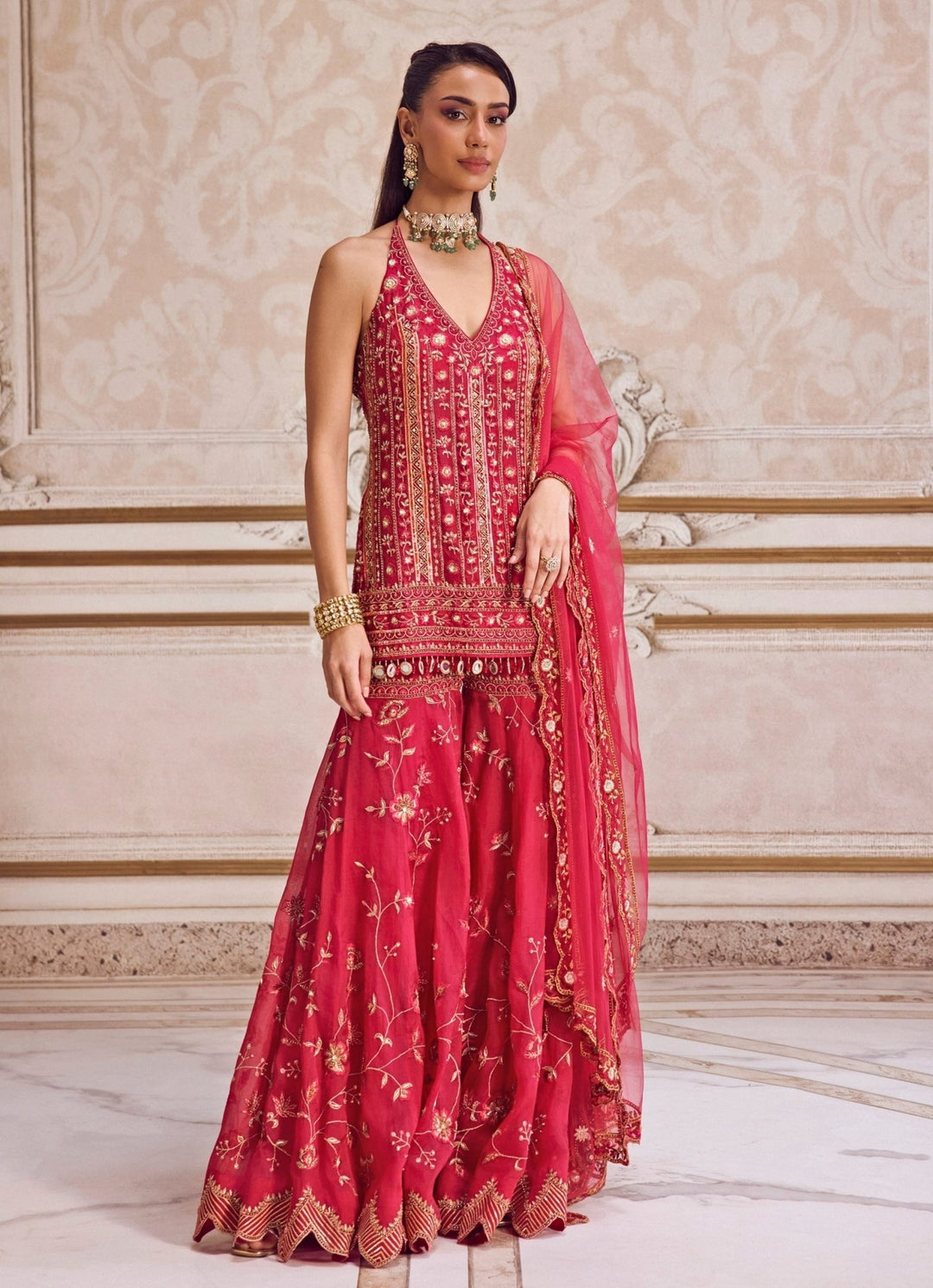 Hot Pink Organza Halter Neck Kurta Sharara Set Sanya Gulati - Fabilicious Fashion