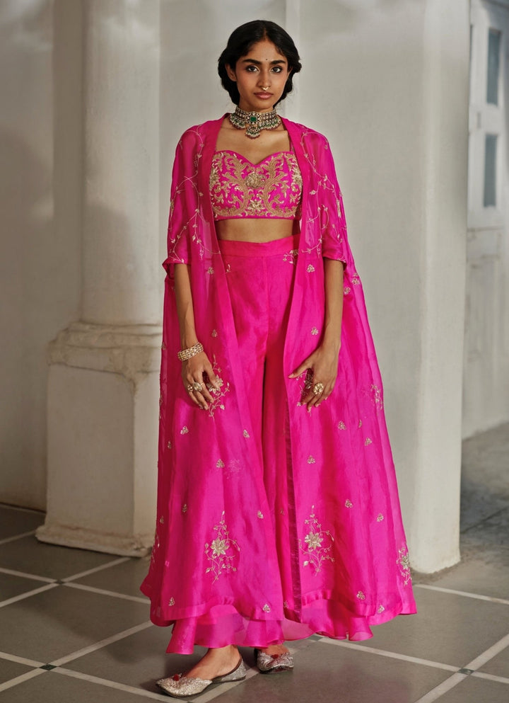 Hot Pink Organza Palazzo Cape Set Paulmi and Harsh - Fabilicious Fashion