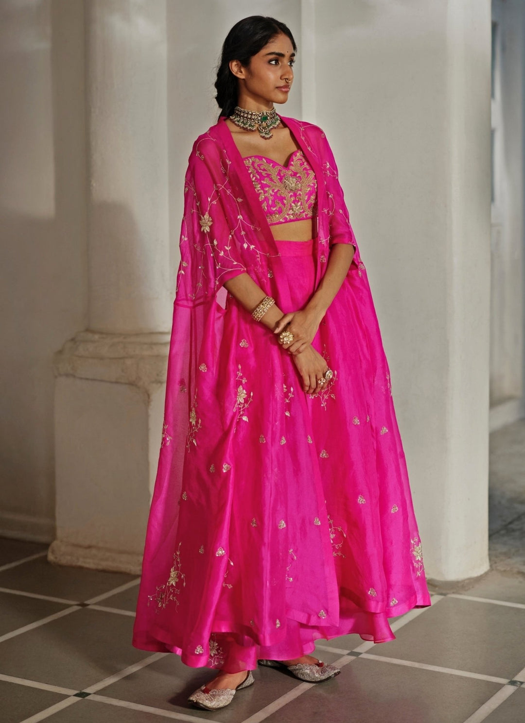 Hot Pink Organza Palazzo Cape Set Paulmi and Harsh - Fabilicious Fashion