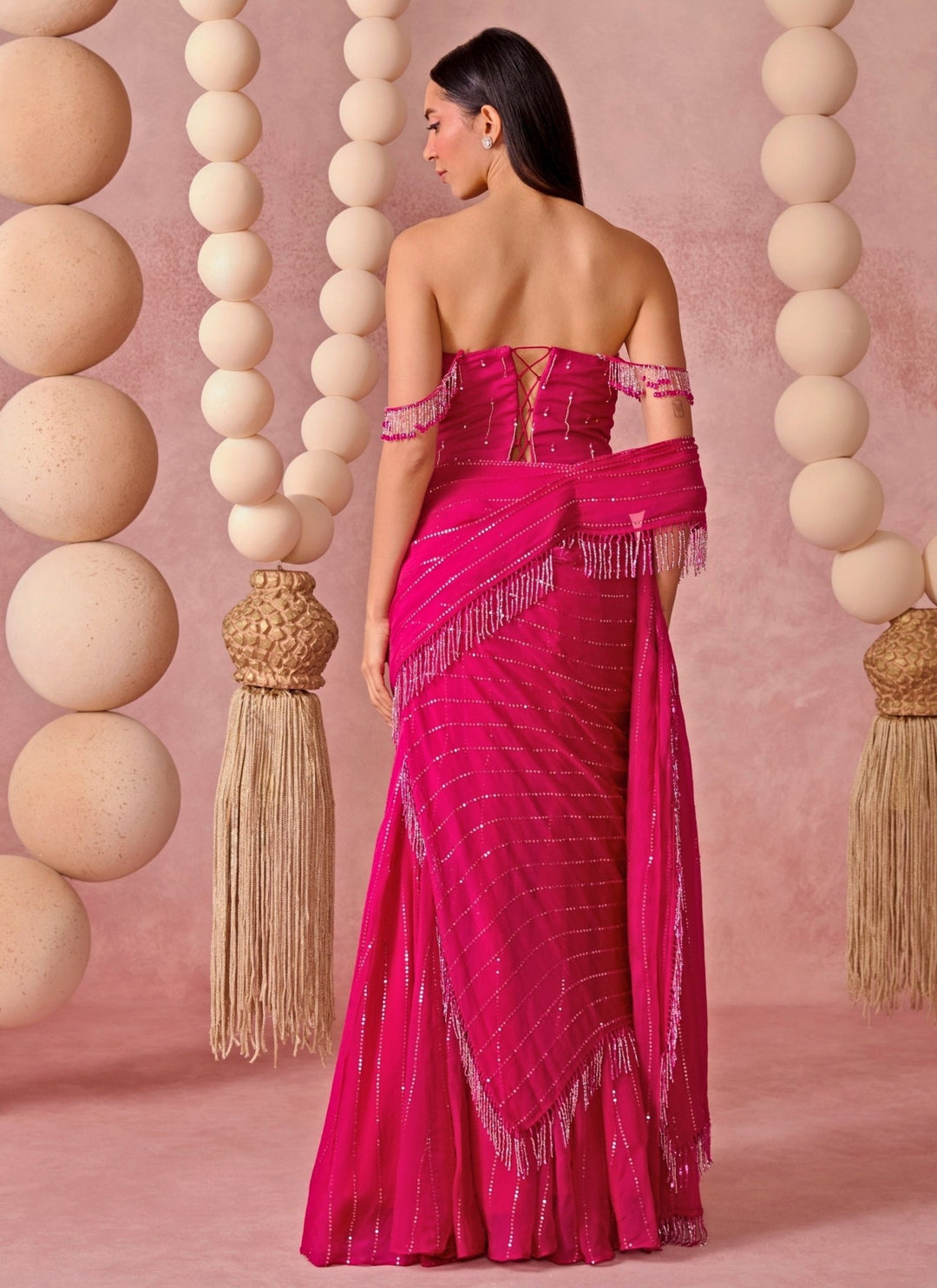 Chamee And Palak Hot Pink Organza Pre-Draped Saree With CorsetFabilicious Fashion