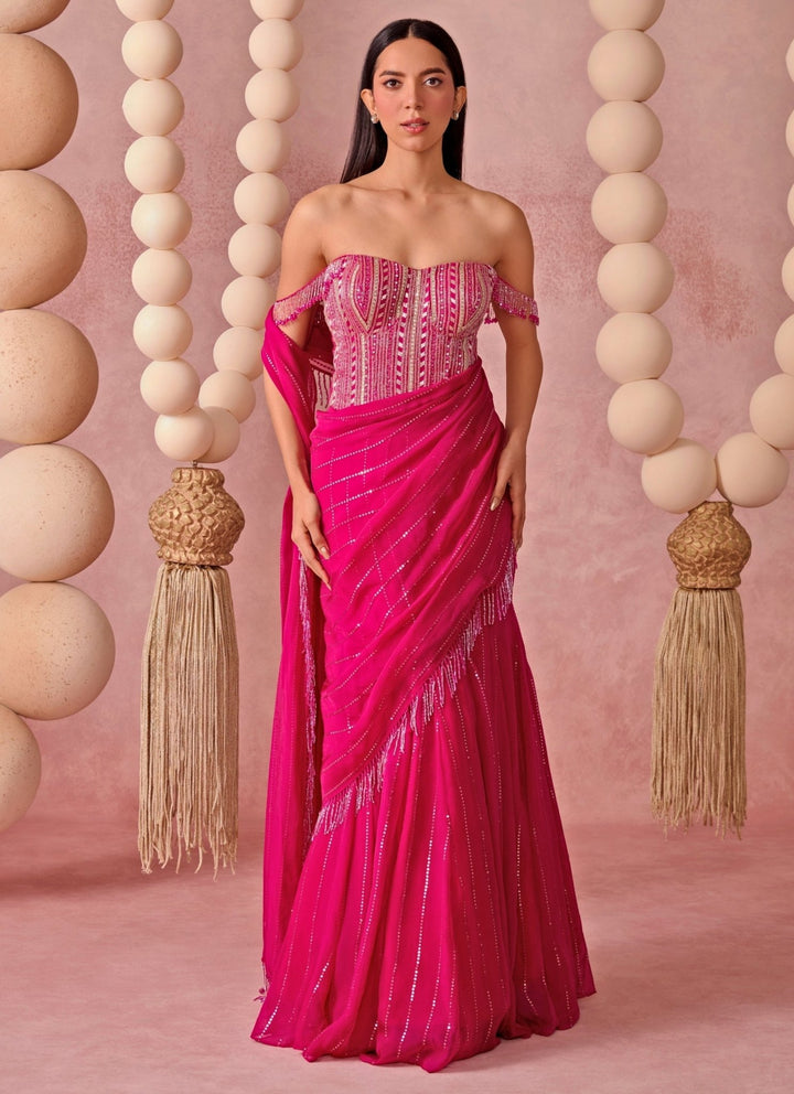 Chamee And Palak Hot Pink Organza Pre-Draped Saree With CorsetFabilicious Fashion