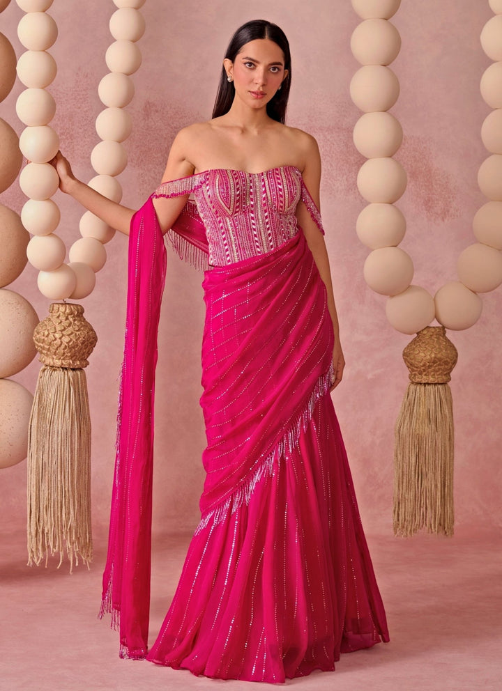 Chamee And Palak Hot Pink Organza Pre-Draped Saree With CorsetFabilicious Fashion