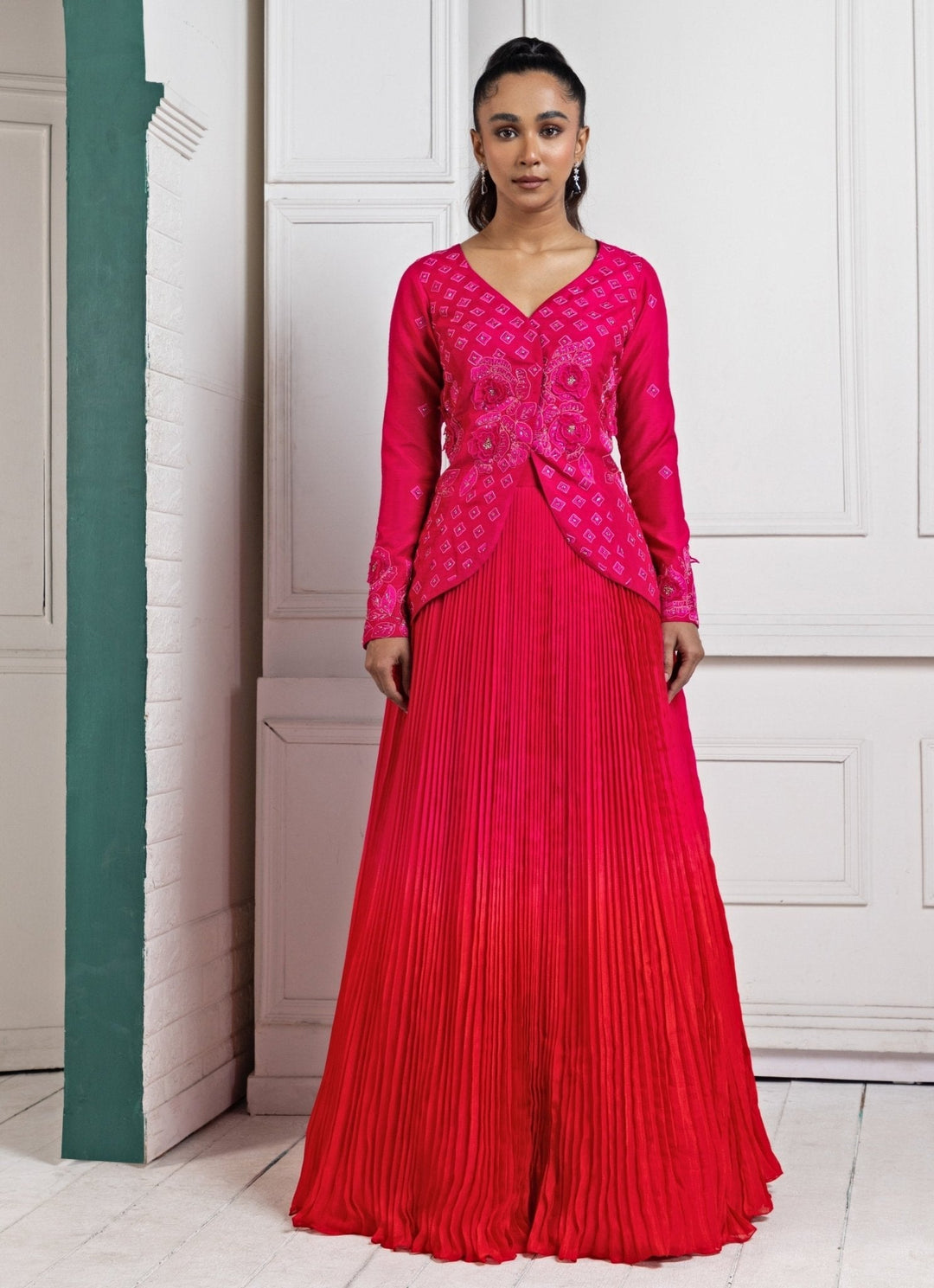 Hot Pink Pleated Kurta Lehenga Set Smriti - Fabilicious Fashion