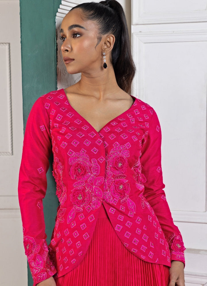 Hot Pink Pleated Kurta Lehenga Set Smriti - Fabilicious Fashion