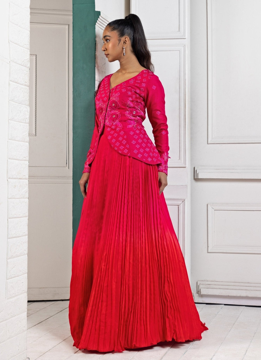 Hot Pink Pleated Kurta Lehenga Set Smriti - Fabilicious Fashion