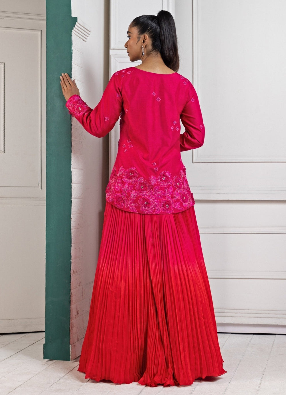 Hot Pink Pleated Kurta Lehenga Set Smriti - Fabilicious Fashion