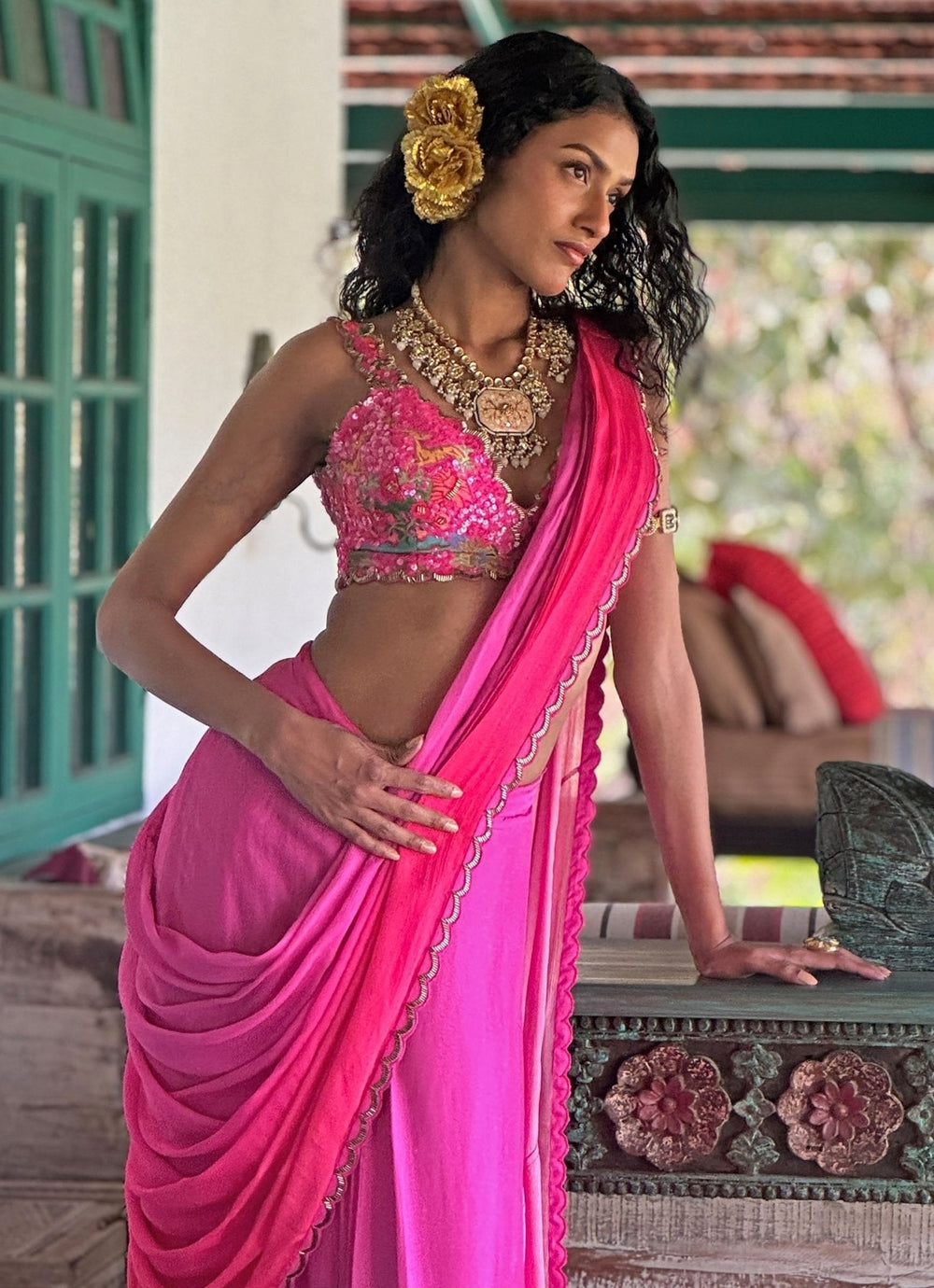 Hot Pink Pre - Draped Chiffon Saree Basil Leaf - Fabilicious Fashion