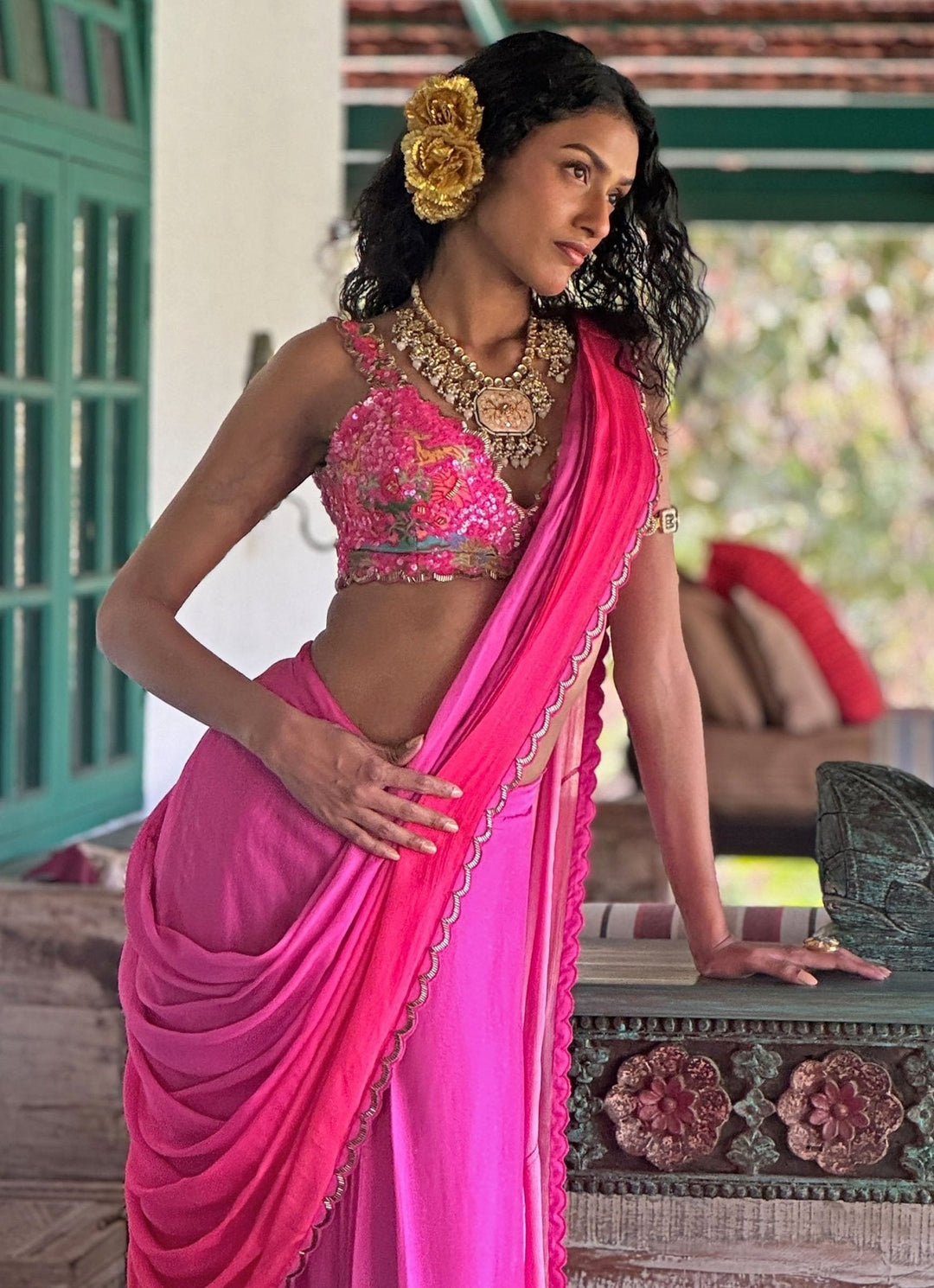 Hot Pink Pre - Draped Chiffon Saree Basil Leaf - Fabilicious Fashion