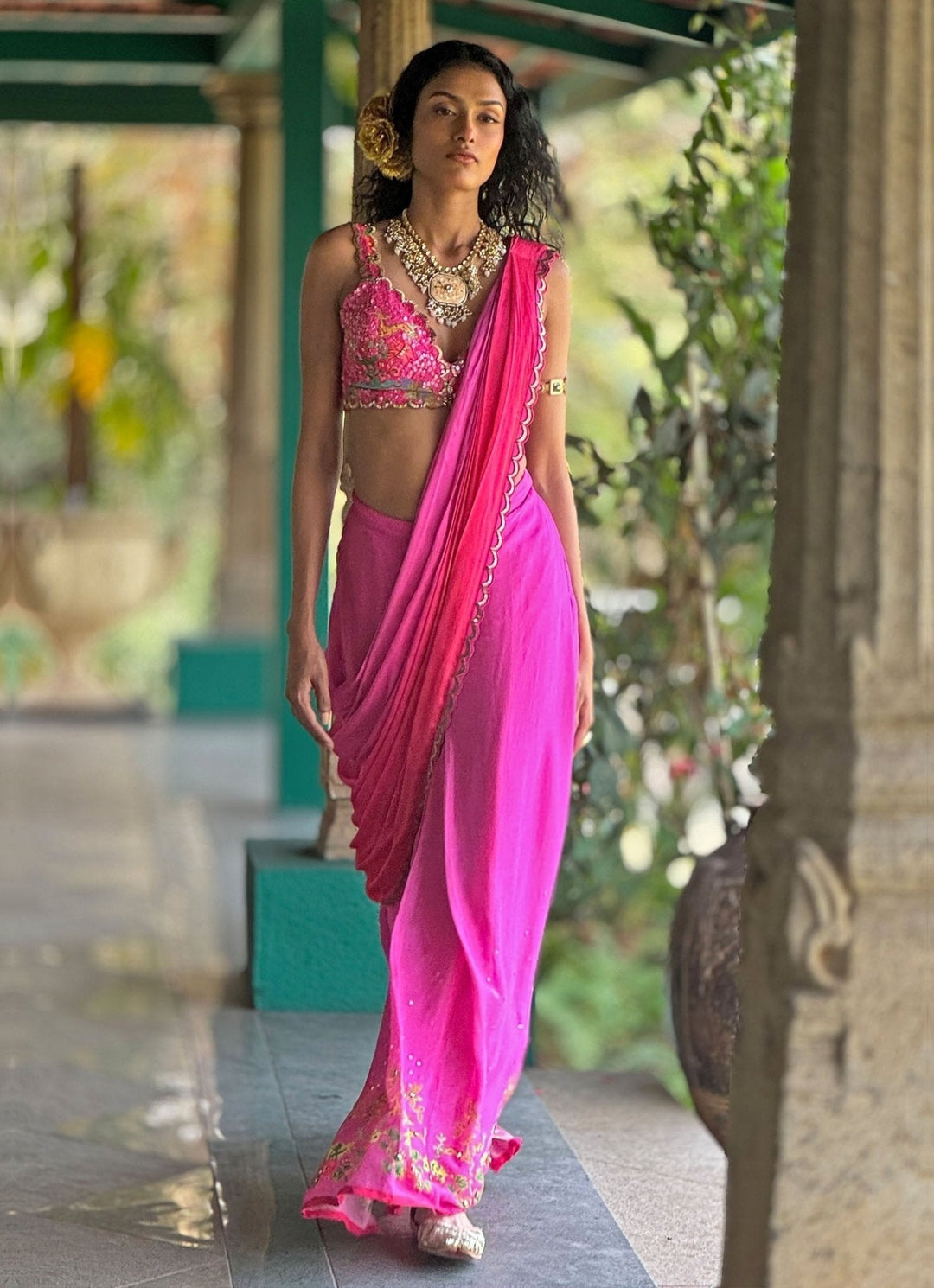 Hot Pink Pre - Draped Chiffon Saree Basil Leaf - Fabilicious Fashion
