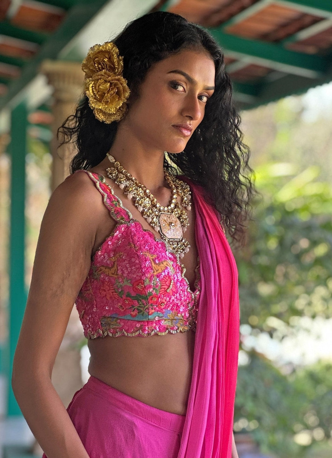 Hot Pink Pre - Draped Chiffon Saree Basil Leaf - Fabilicious Fashion